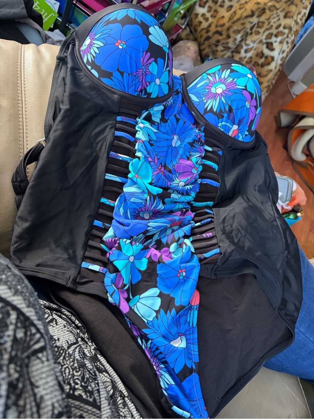 Woman’s Meet.Curve Blue Floral One-Piece Swimsuit with Mesh Cutout Multiway 2X